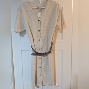 Style New york Vintage Button Down Midi Short Sleeve Dress With Belt Beige M